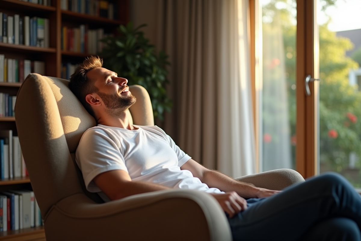 Homme souriant endormi dans un salon lumineux