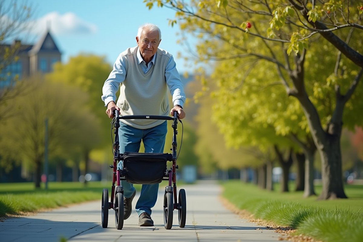 Homme âgé utilisant un rollator dans un parc en plein air