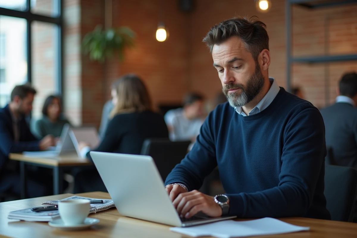Homme remplissant un formulaire administratif en ligne dans un espace de coworking pour un envoi Camueg