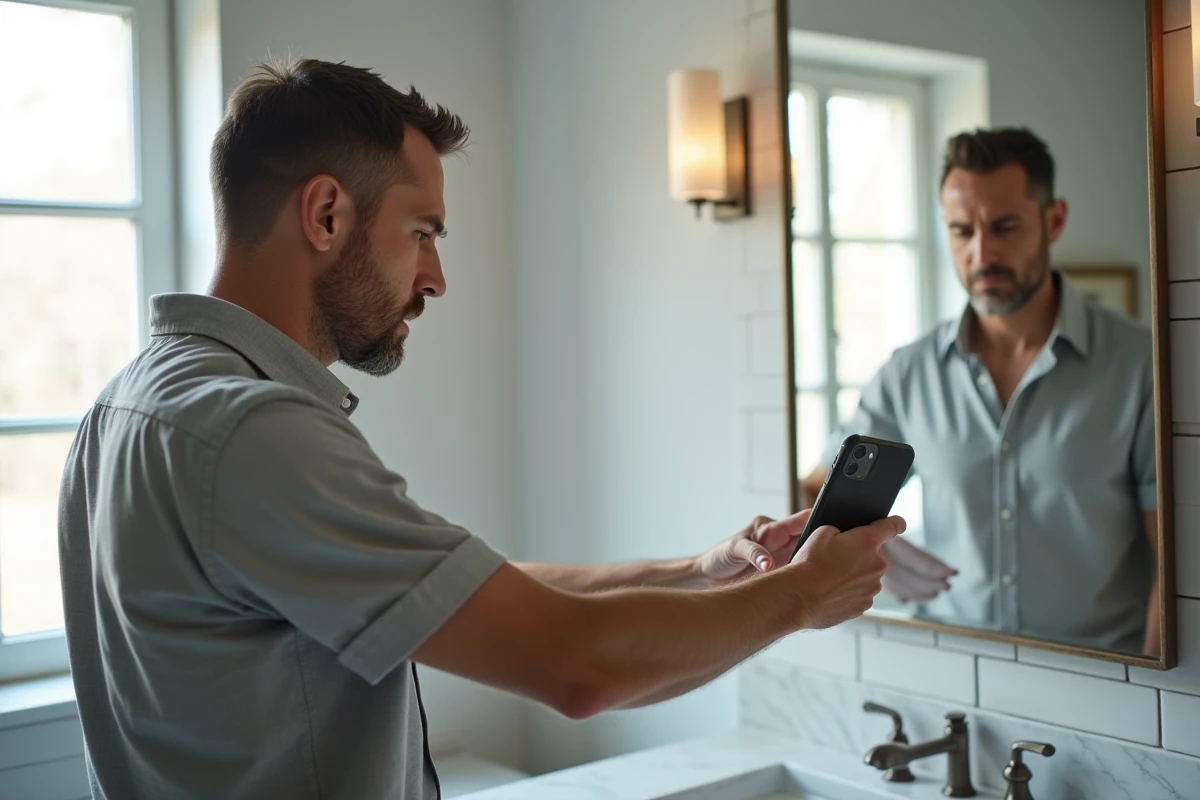 Homme inspectant une tache cutanée asymétrique sur son bras en se photographiant devant un miroir de salle de bain