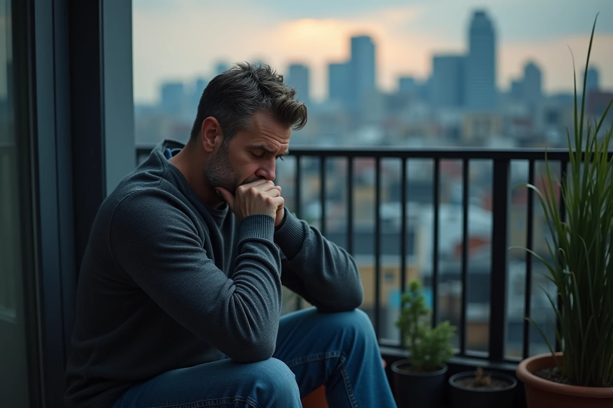 Homme assis seul sur un balcon urbain en fin de journ&eacute;e