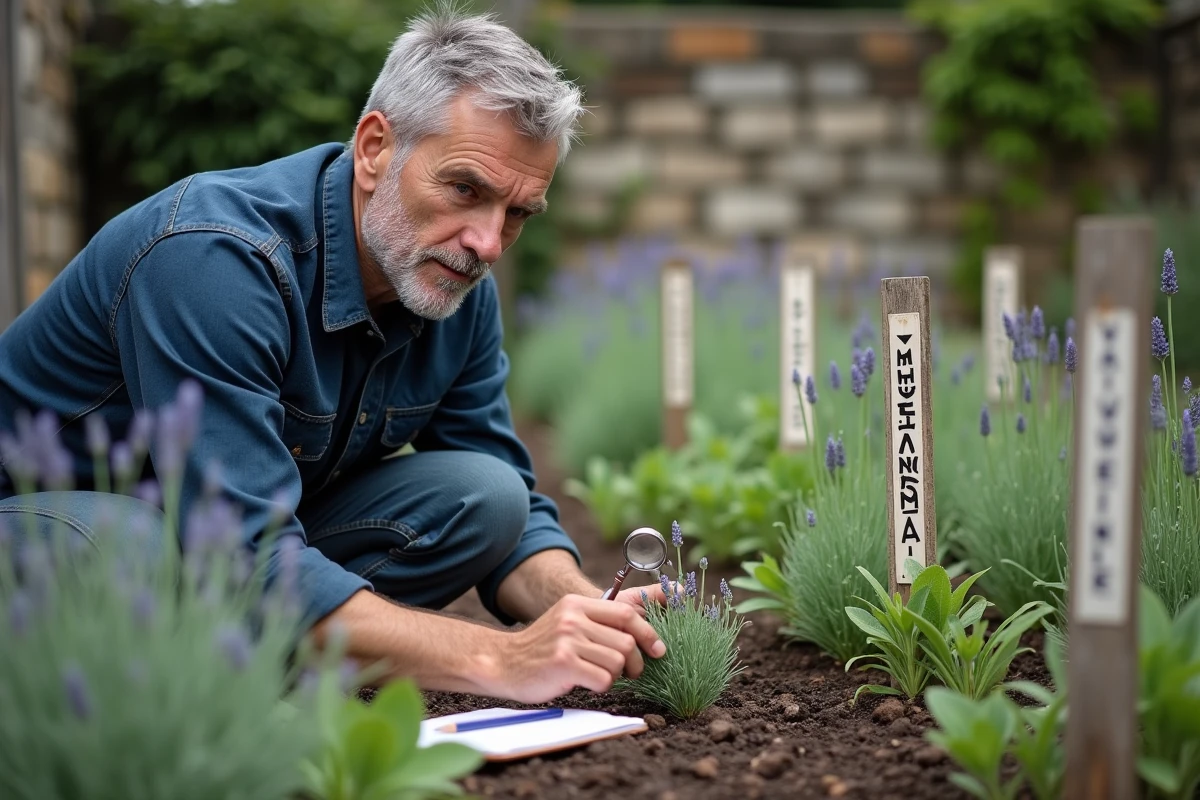 Homme inspecte des plantes médicinales dans un jardin d'herbes aromatiques pour débuter en phytothérapie