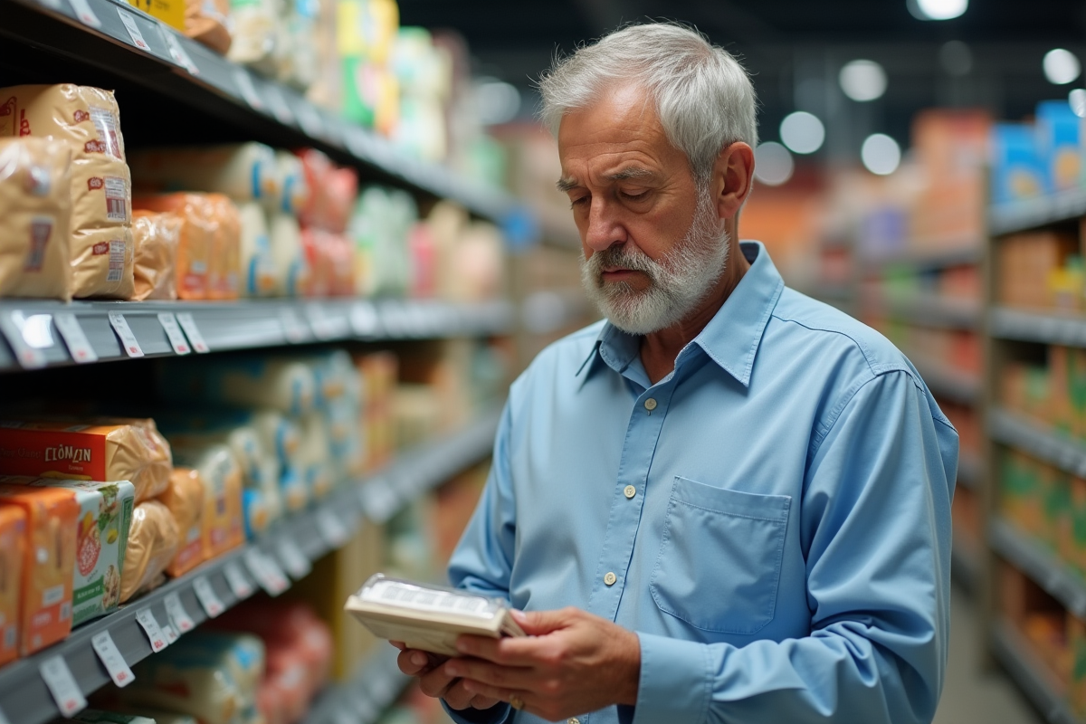 Homme regardant une étiquette dans un supermarché