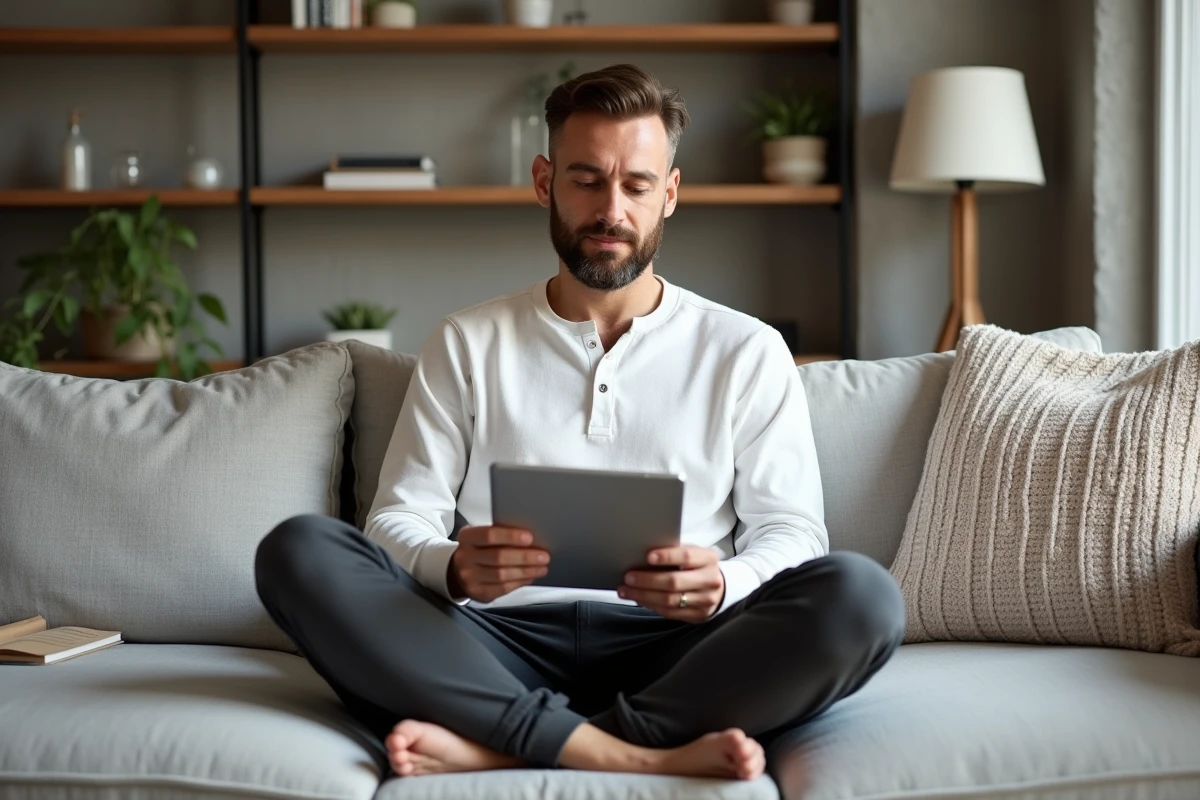 Homme lisant un magazine bien-être sur tablette dans un salon cosy et moderne