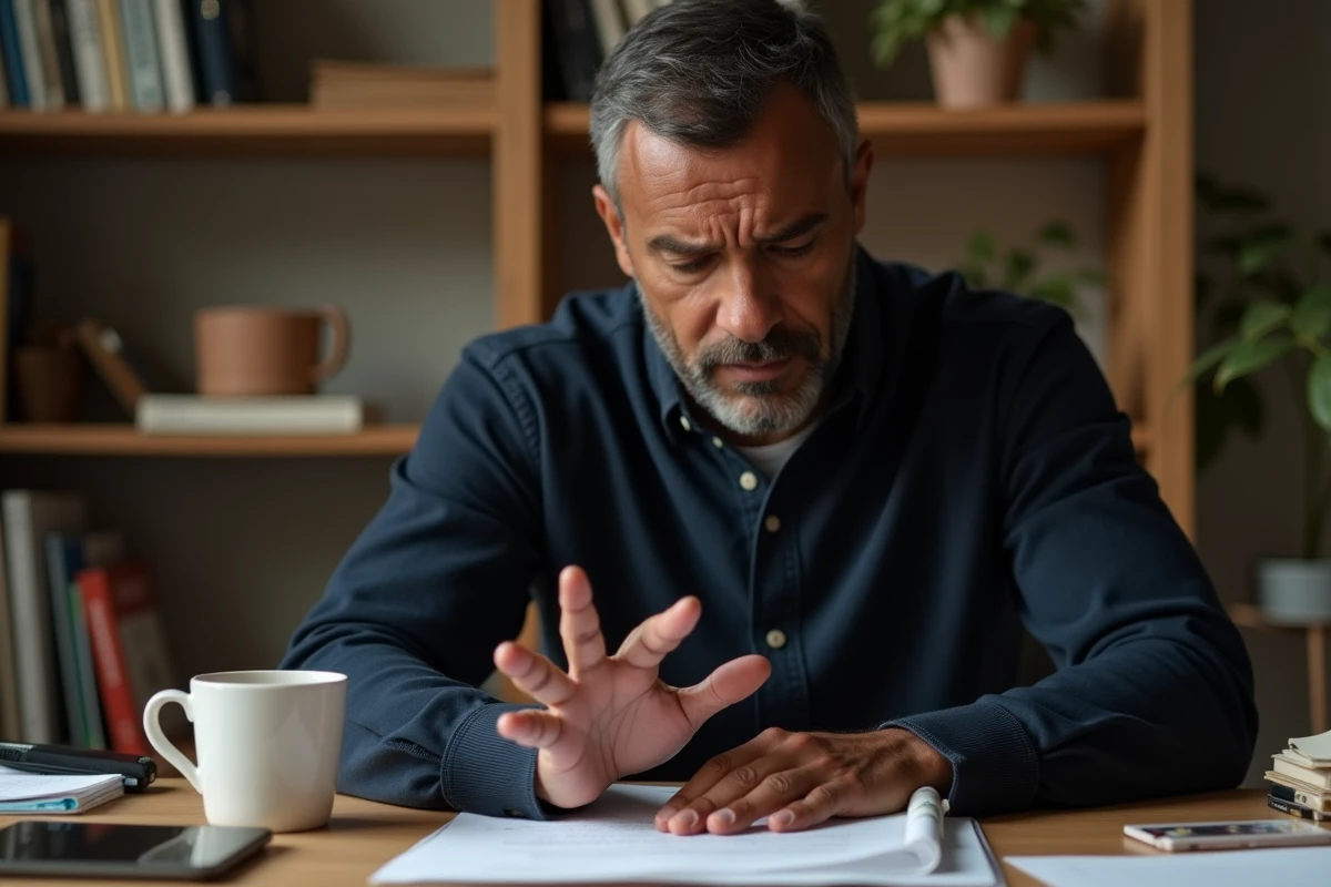 Homme examinant sa main gauche qui démange assis à un bureau en bois, expression concentrée