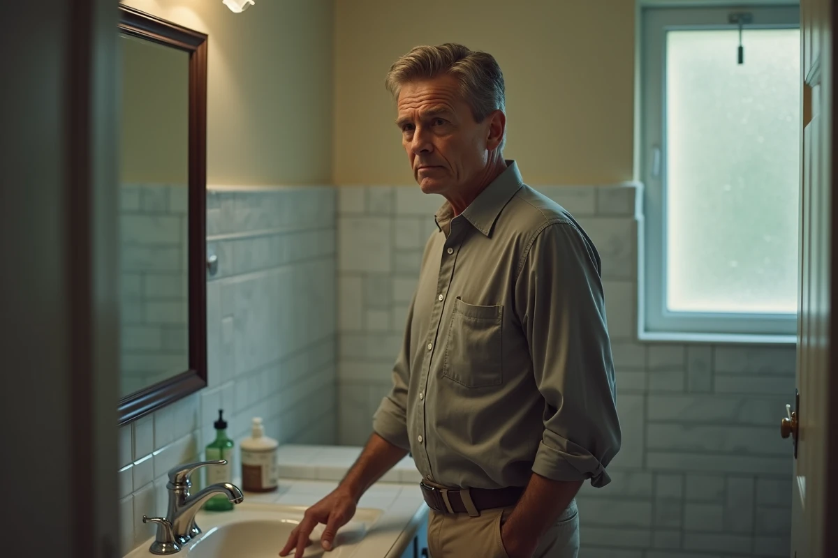 Homme pensif regardant dans le miroir dans la salle de bain