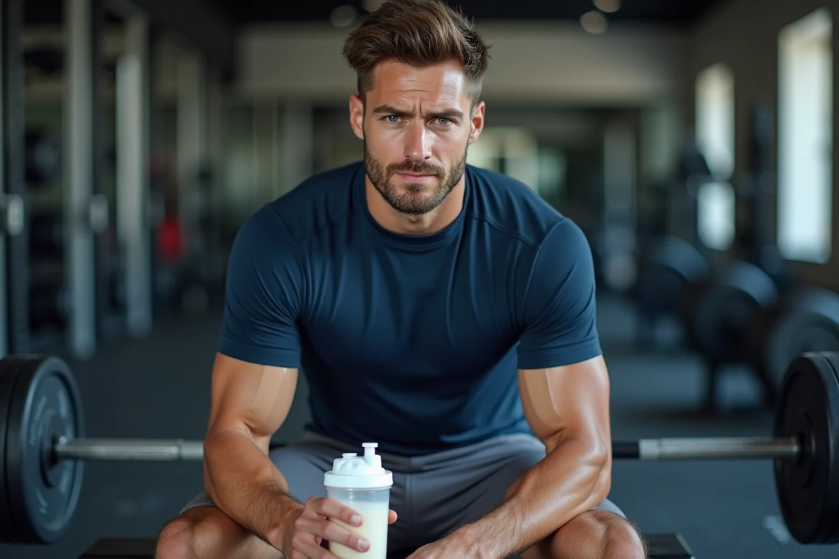 Homme musclé buvant une whey protéine après l'entraînement en salle de sport dans le cadre d'un programme de sèche