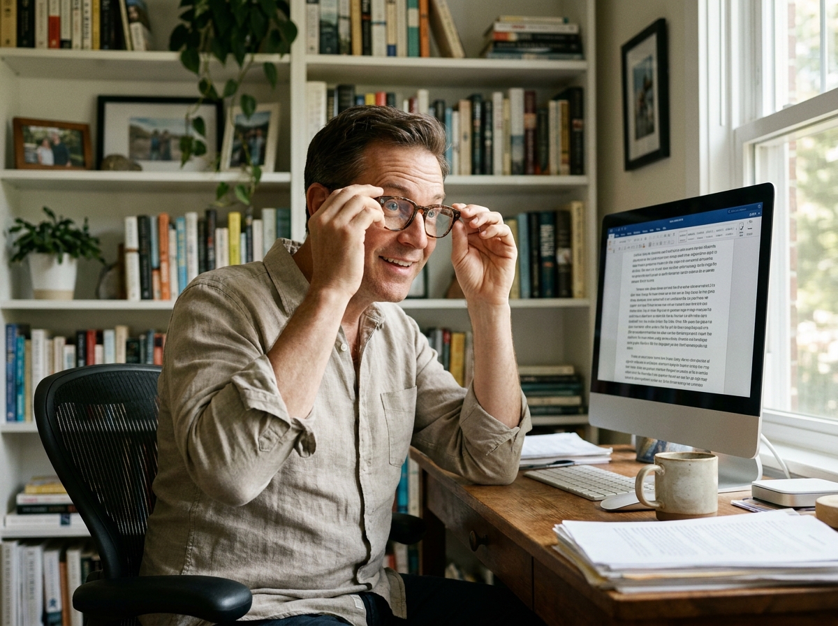 Homme découvrant l'amélioration de sa vision en portant ses nouvelles lunettes de vue devant son ordinateur à la maison