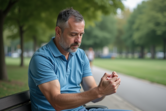 Homme d'âge moyen examinant une tache sur son bras dans un parc
