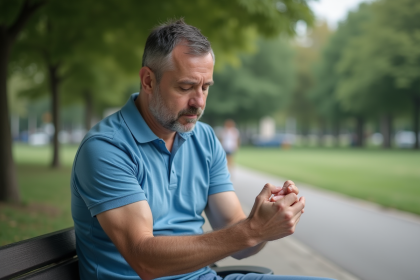 Homme d'âge moyen examinant une tache sur son bras dans un parc