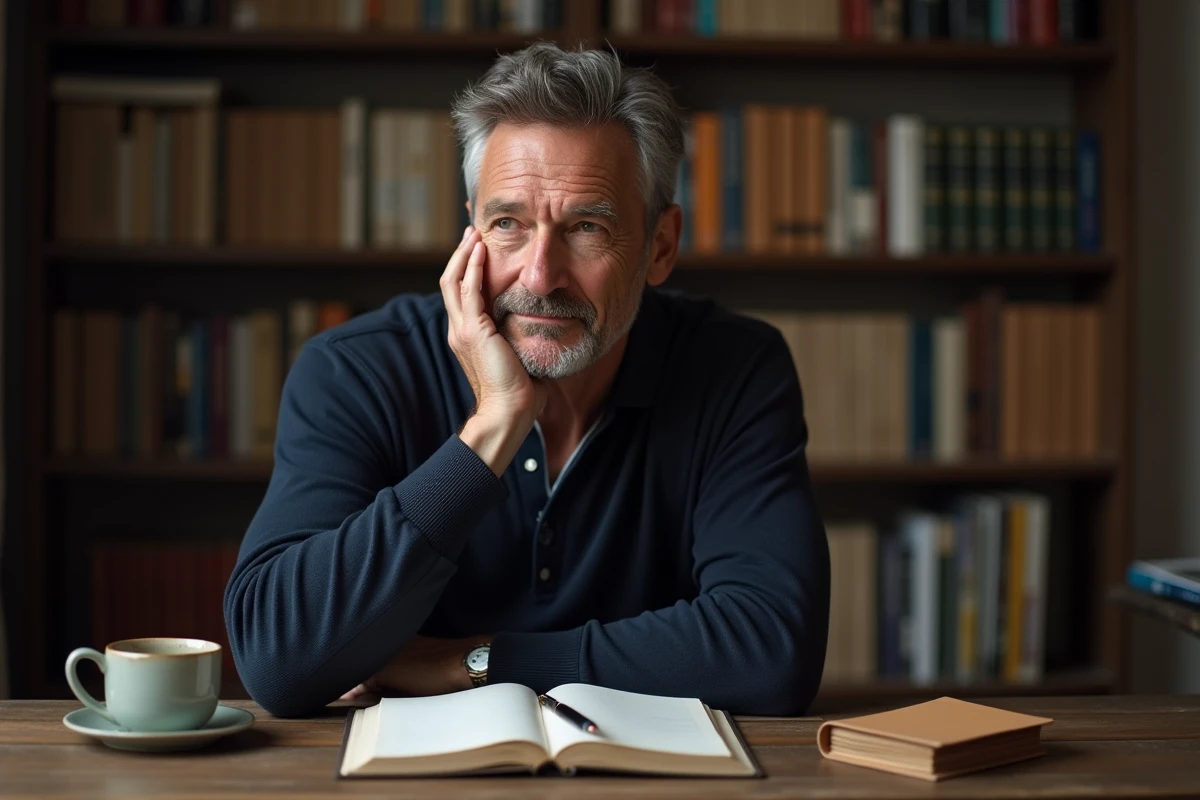 Homme pensif assis à un bureau en bois avec la main gauche sur la tempe, entouré de livres, évoquant une introspection spirituelle face à un mal de tête