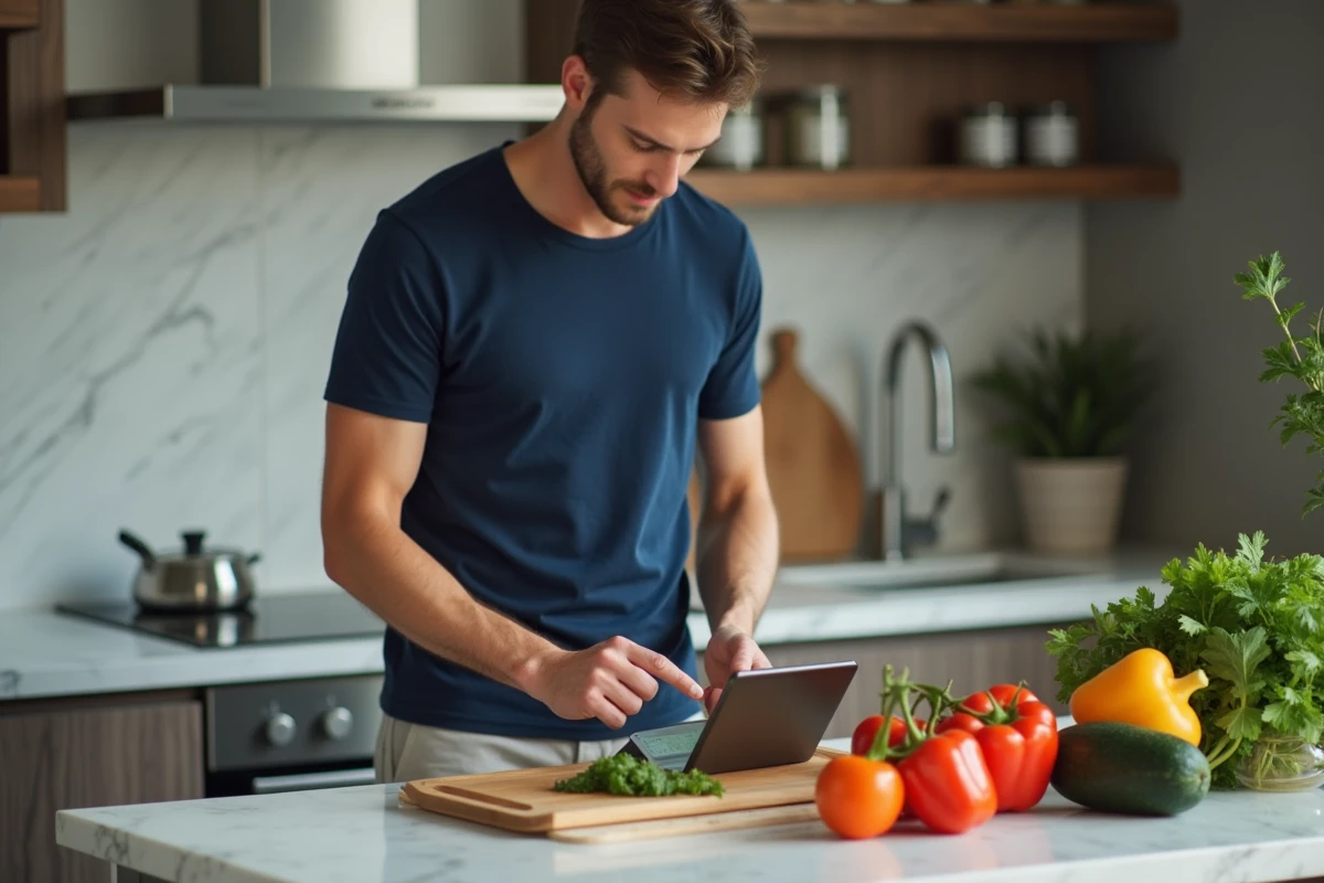 Homme préparant un repas sain en suivant un plan nutritionnel sur tablette dans sa cuisine