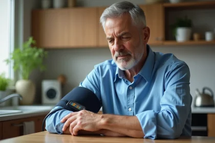 Homme d'&acirc;ge moyen utilisant un tensiom&egrave;tre &agrave; la maison
