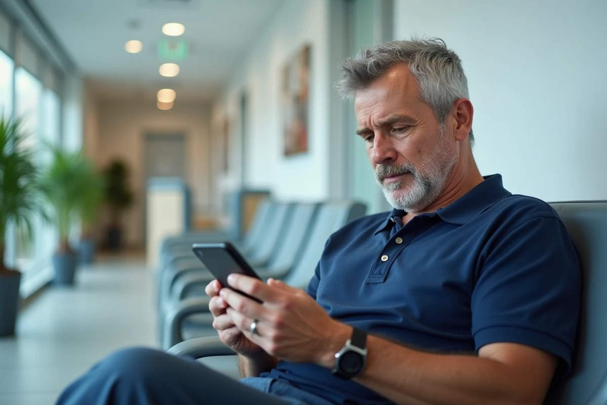 Homme consultant ses résultats d'imagerie médicale sur smartphone dans une salle d'attente hospitalière
