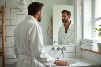 Homme en robe de chambre blanche réfléchissant devant le miroir de la salle de bain le matin, symbolisant l'attention portée aux signaux digestifs nocturnes