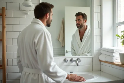 Homme en robe de chambre blanche réfléchissant devant le miroir de la salle de bain le matin, symbolisant l'attention portée aux signaux digestifs nocturnes