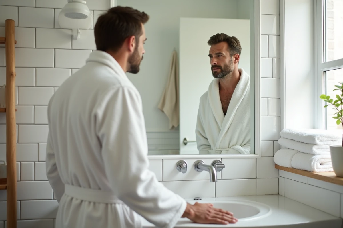 Homme en robe de chambre blanche réfléchissant devant le miroir de la salle de bain le matin, symbolisant l'attention portée aux signaux digestifs nocturnes