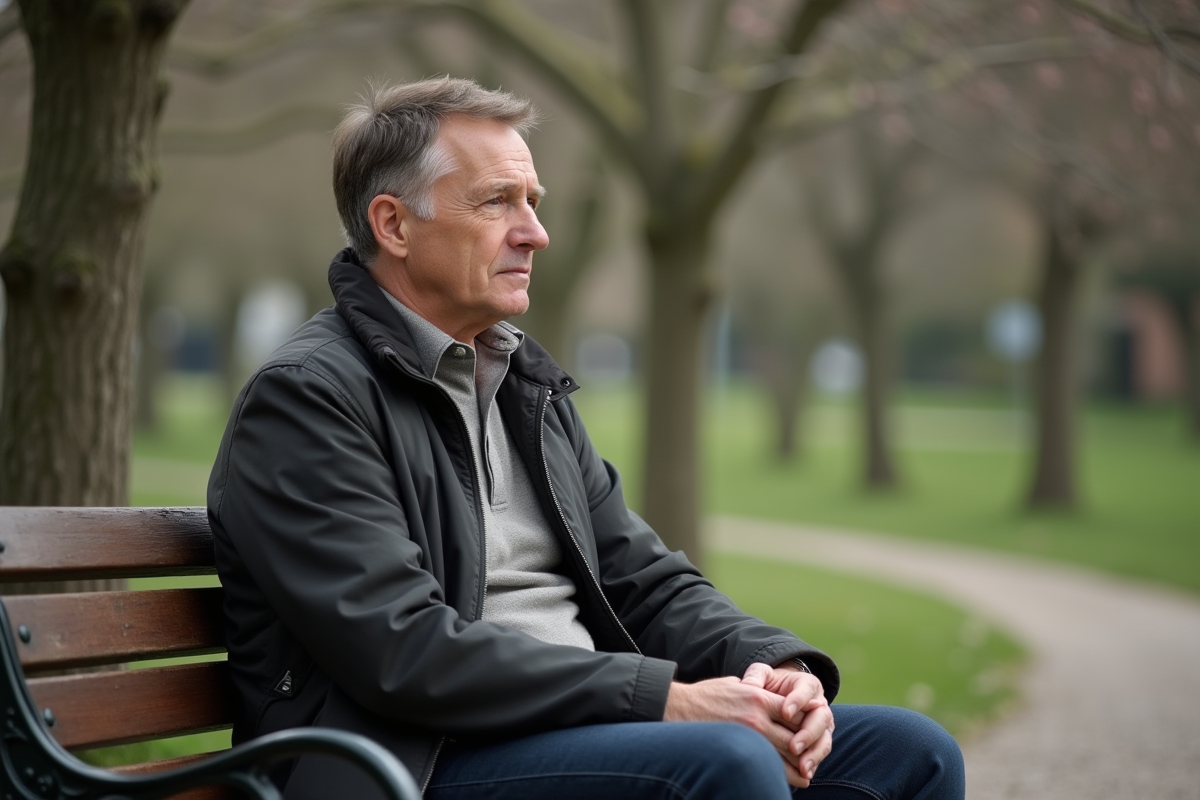 Homme contemplatif assis sur un banc dans un parc au printemps