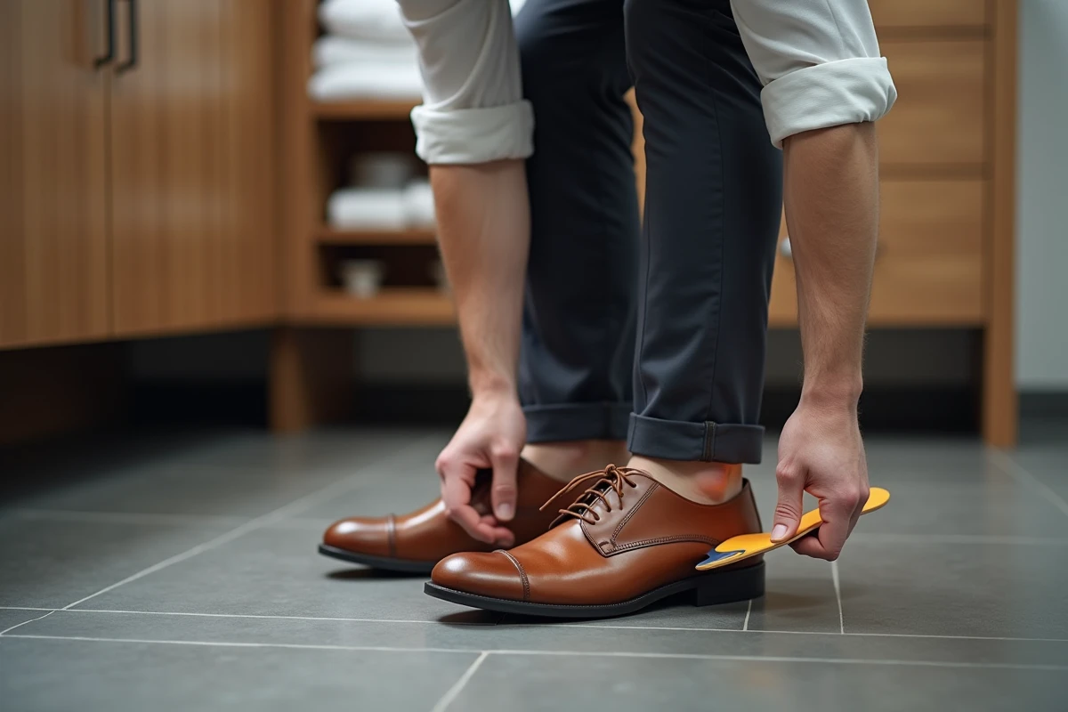 Homme insérant une semelle minceur dans une chaussure en cuir, utilisation quotidienne des semelles Akusoli