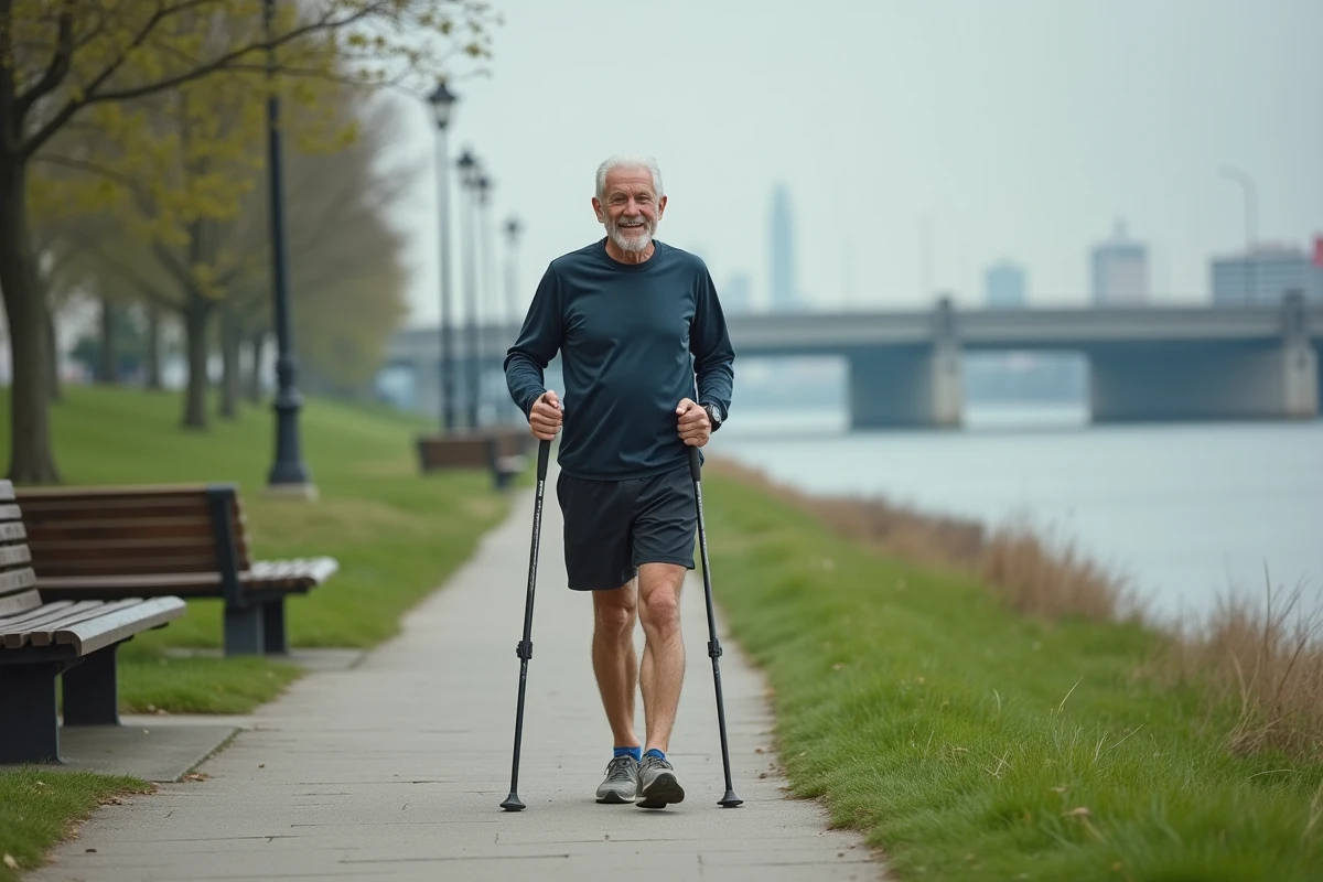 Homme âgé comptant ses pas avec une montre connectée au bord de la rivière