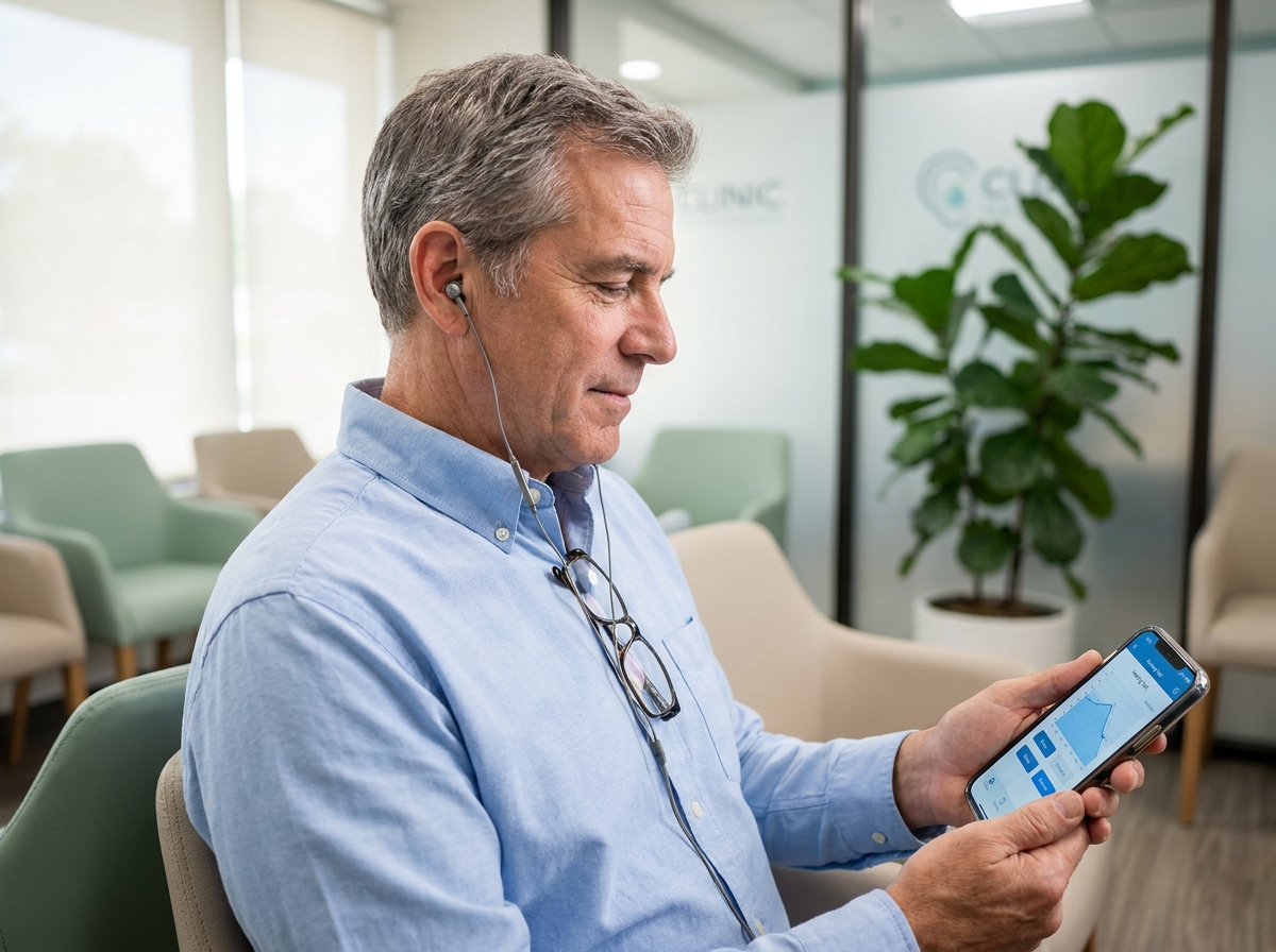 Homme senior réalisant un test auditif gratuit sur smartphone avec des écouteurs intra-auriculaires dans une salle d'attente médicale