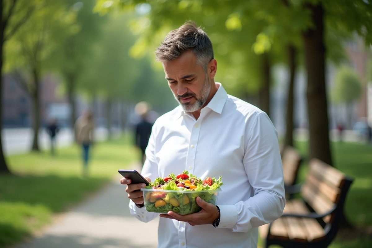 Homme vérifiant information nutritionnelle dans un parc urbain