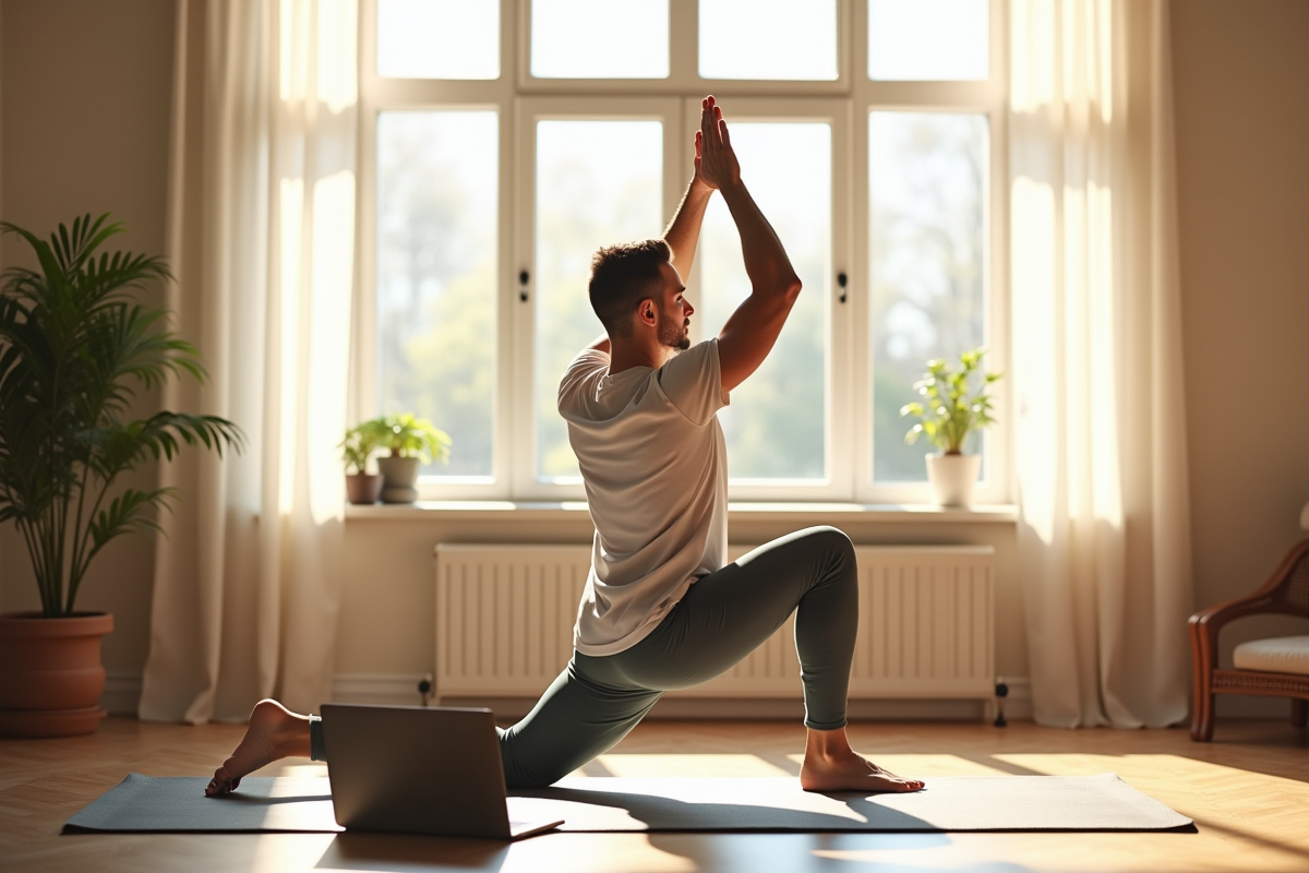 Homme pratiquant le yoga dans une pièce ensoleillée