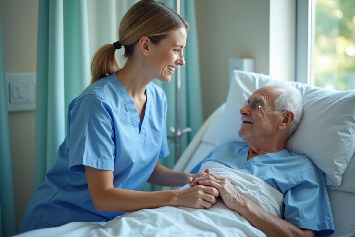 Infirmière en blouse bleue douce prend soin d'un patient âgé