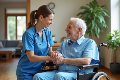 Infirmière en blouse bleue tenant la main d'un senior souriant