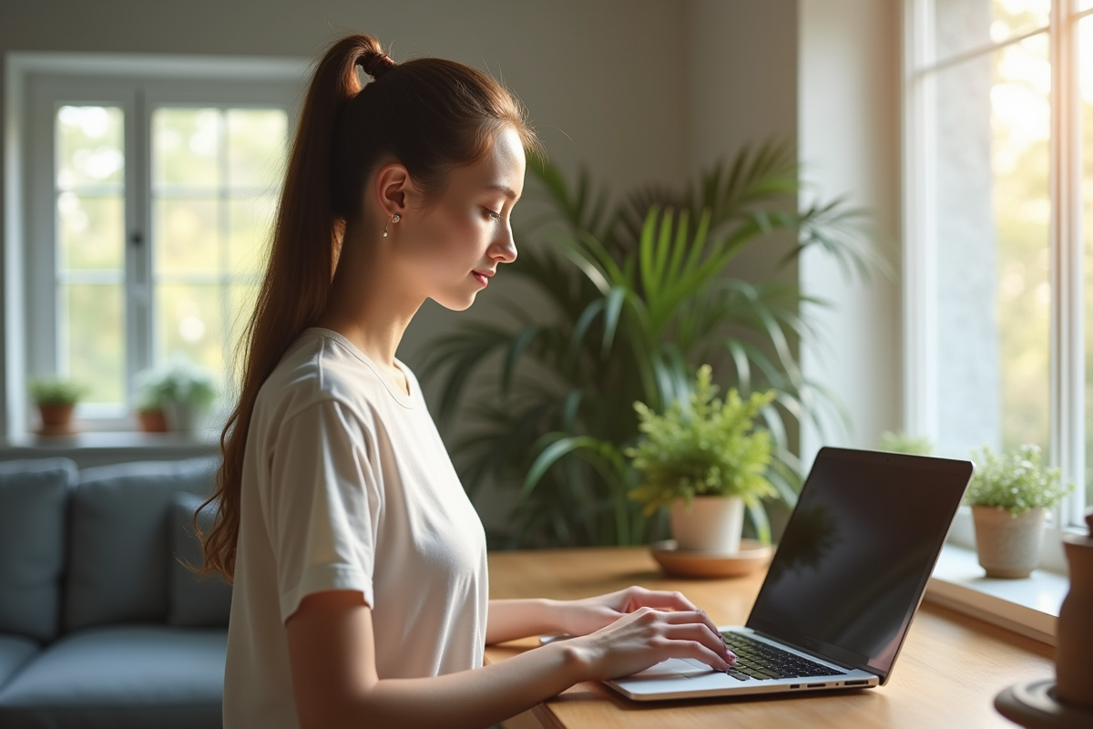 Femme ajustant hauteur de bureau assise confortable