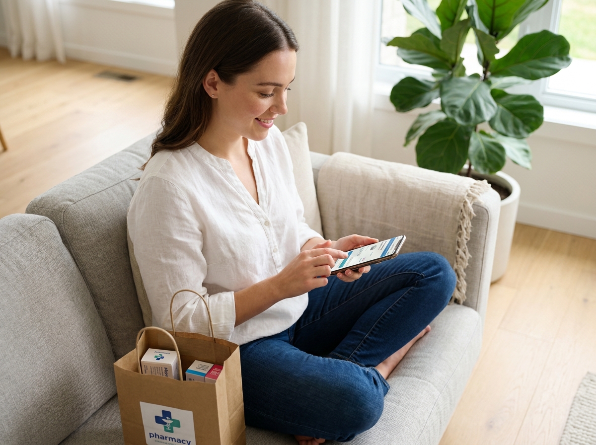 Jeune femme commandant des médicaments sur une application de pharmacie en ligne depuis son canapé avec un sac de commande déjà reçu