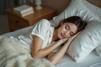 Jeune femme dormant paisiblement dans sa chambre moderne