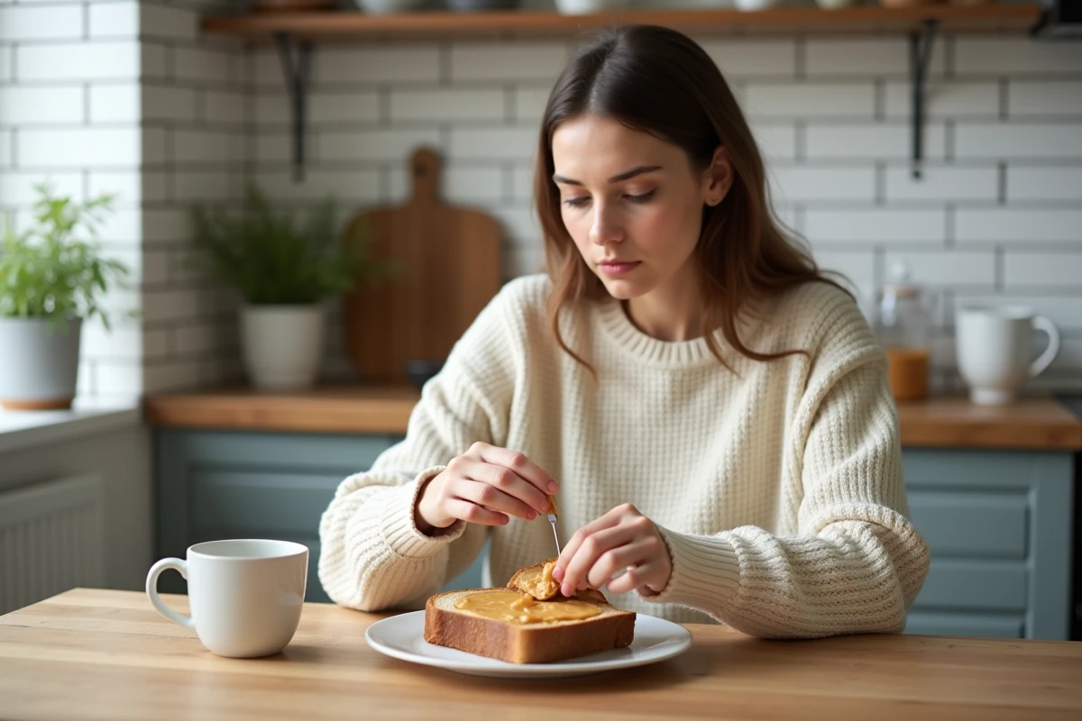 Jeune femme étalant du beurre de cacahuète sur du pain complet dans une cuisine lumineuse