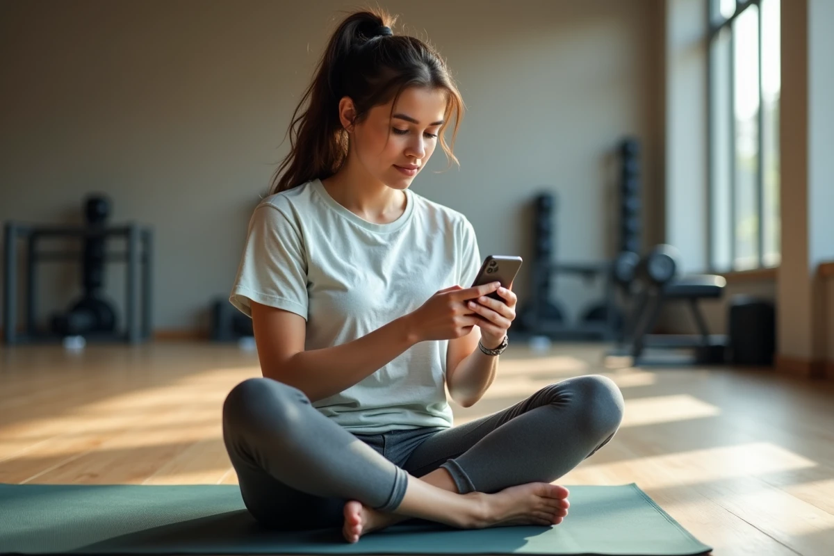 Jeune femme assise sur un tapis de gym regardant son smartphone