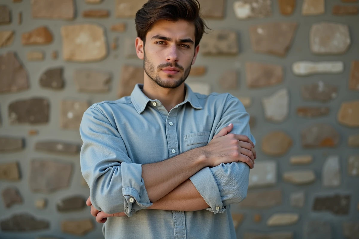 Jeune homme dehors contre un mur de pierre