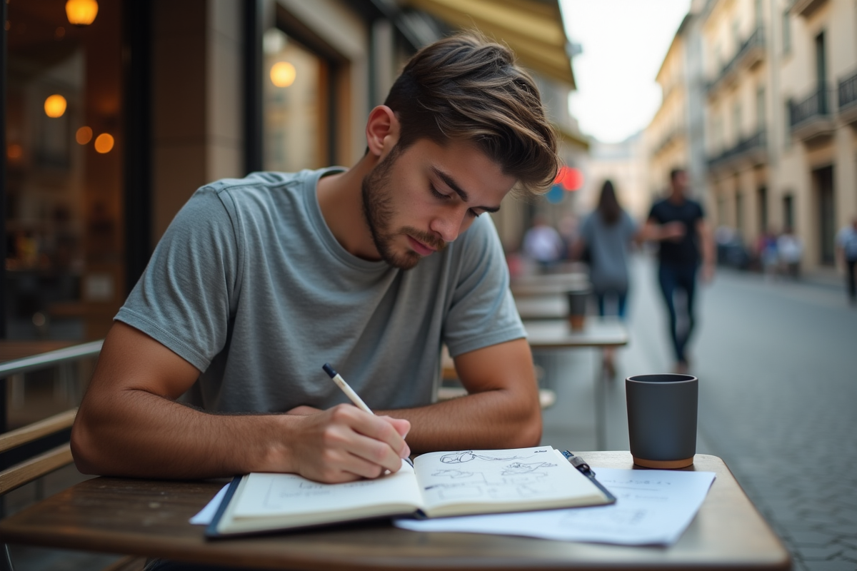 Jeune homme dessinant dans un café en ville