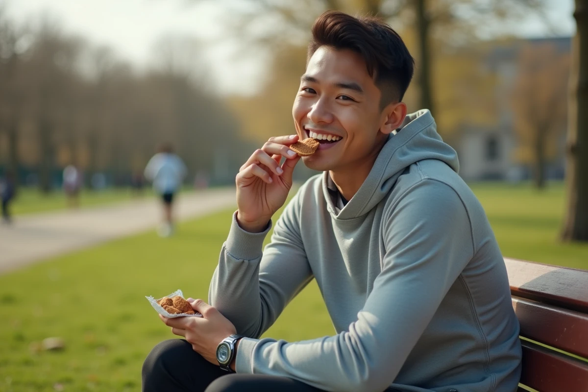 Jeune homme mangeant des amandes en plein air au parc