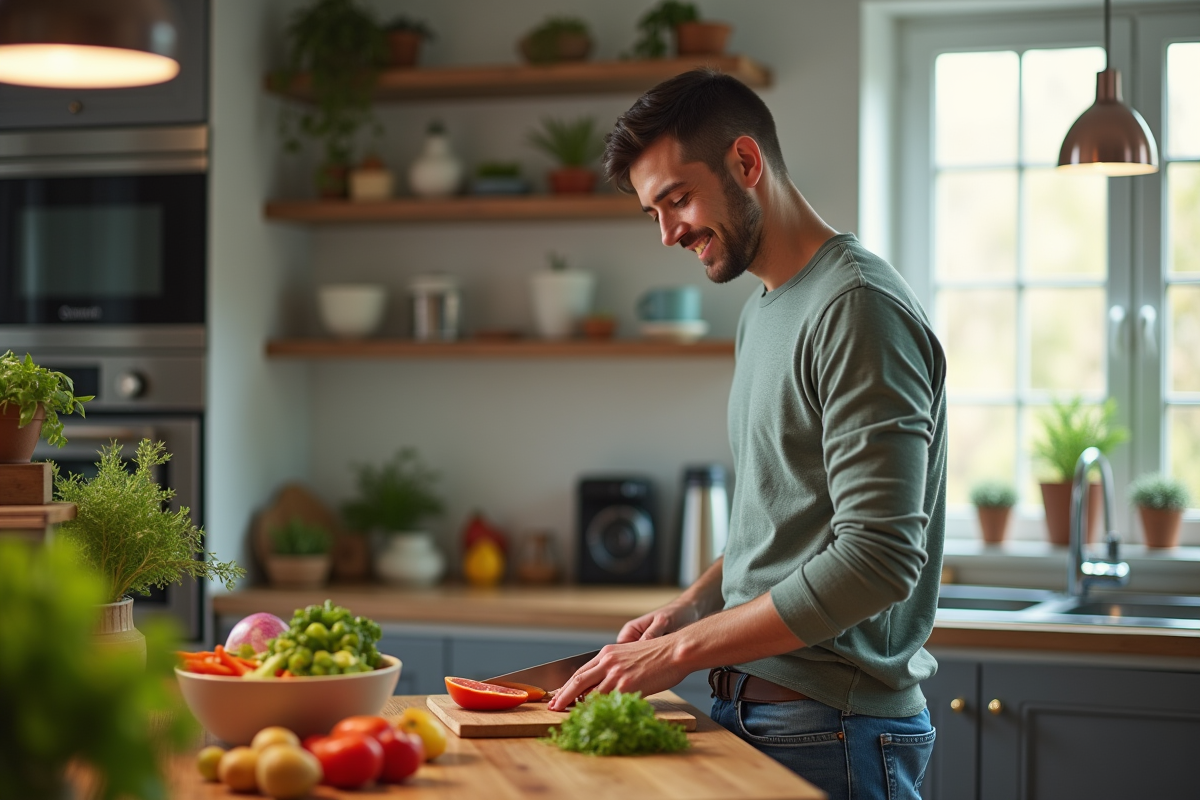 Jeune homme préparant une salade dans une cuisine moderne