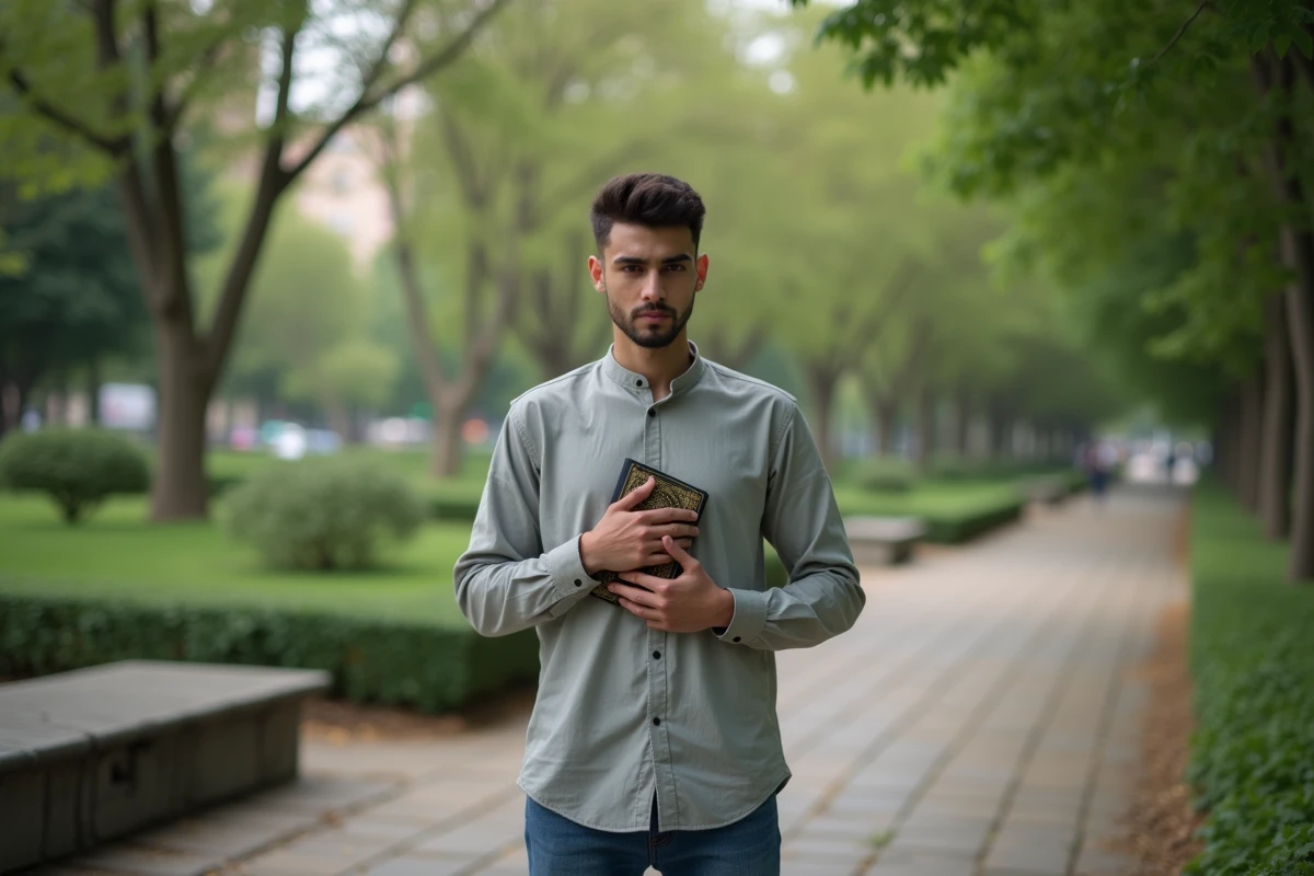 Jeune homme avec Quran dans un parc urbain paisible
