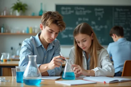 Jeune gar&ccedil;on et fille en laboratoire de chimie scolaire