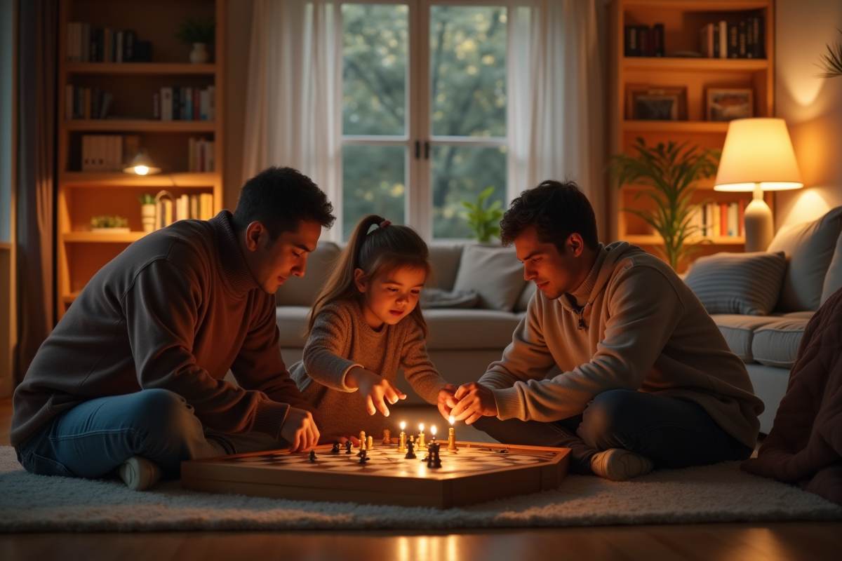 Famille jouant à un jeu de société dans un salon chaleureux