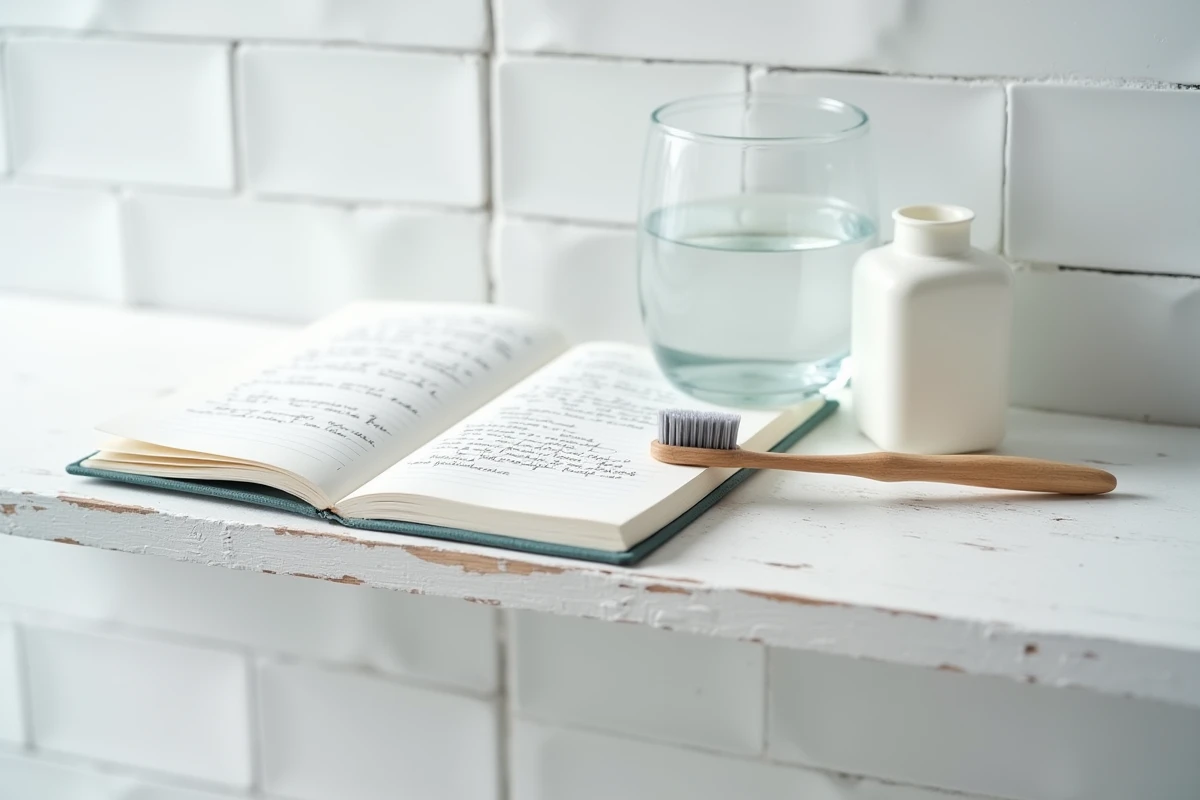 Journal de santé manuscrit, verre d'eau et accessoires de salle de bain sur une étagère blanche, symbolisant le suivi des symptômes digestifs au réveil