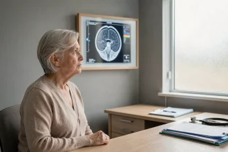 Femme âgée en consultation neurologique observant une IRM cérébrale révélant une leucopathie vasculaire de grade 2