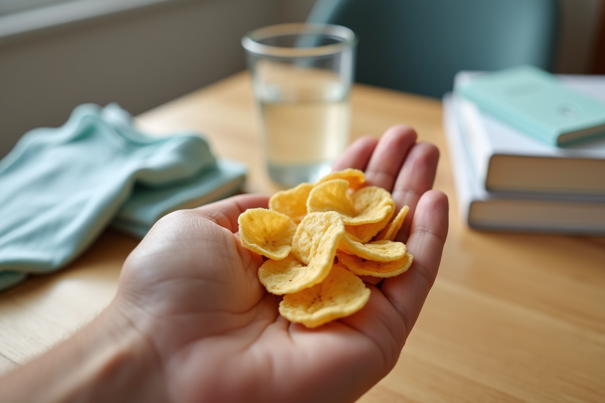 Main tenant des chips de banane avec eau et livres de parentalite