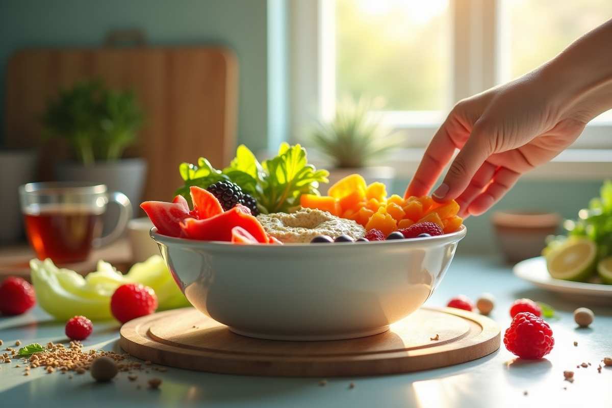 Main atteignant un bol de légumes frais et houmous coloré