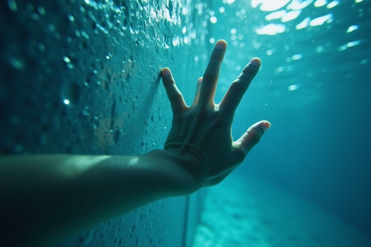 Main humaine contre une paroi sous-marine avec distorsion