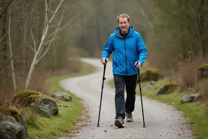 Homme marcheur nordique en for&ecirc;t au printemps