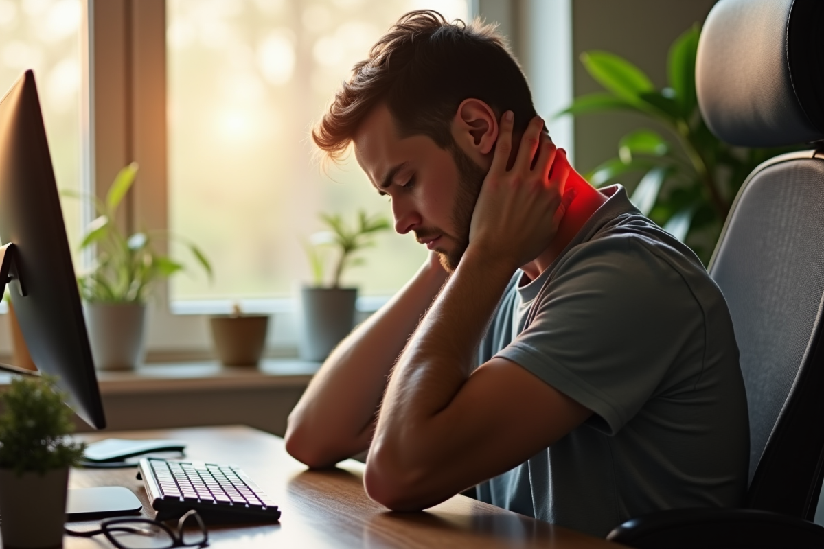 Personne se massant le cou à son bureau à domicile