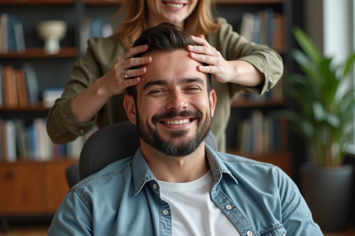 Mains effectuant un massage du cuir chevelu sur un homme souriant