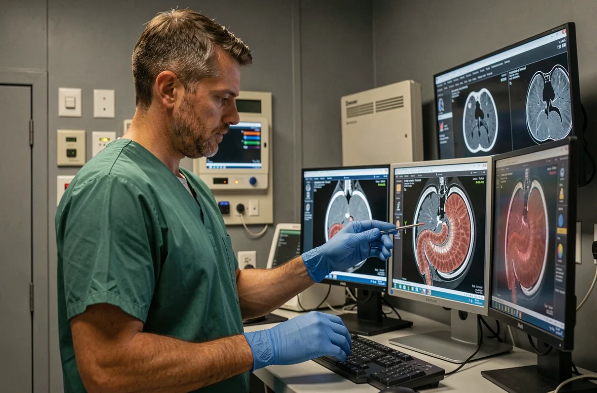 Médecin gastroentérologue analysant des images de scanner abdominal pour diagnostiquer une diverticulite